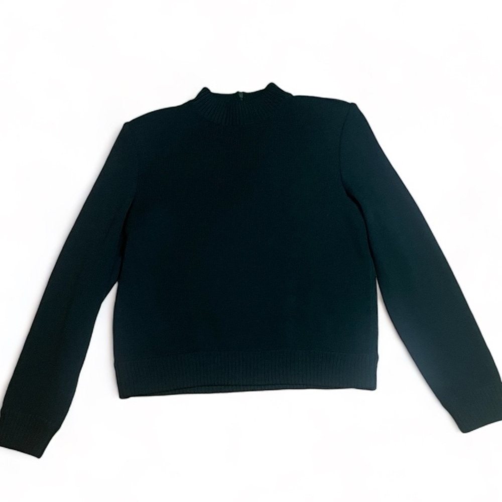 ST JOHN Marie Gray Hunter Green Sweater Leather Shoulder Pads Sz 2 VINTAGE‎ VTG